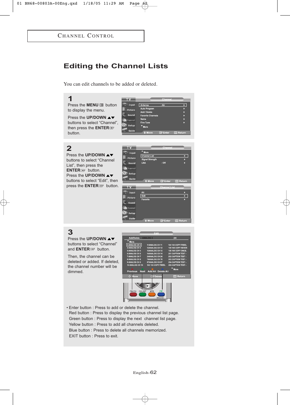 Editing the channel lists | Samsung LNR408DX-XAA User Manual | Page 68 / 120