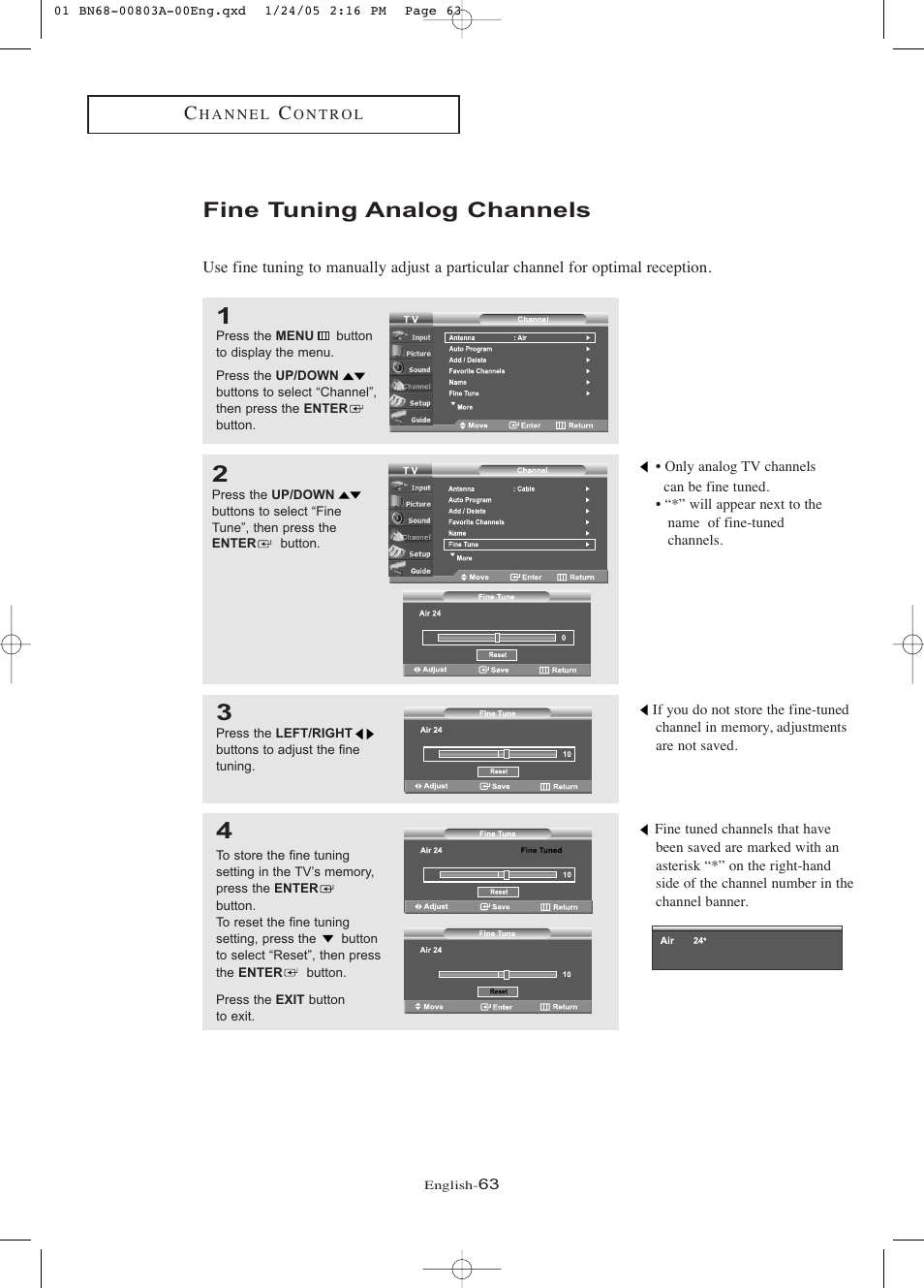 Fine tuning analog channels | Samsung LNR408DX-XAA User Manual | Page 69 / 120