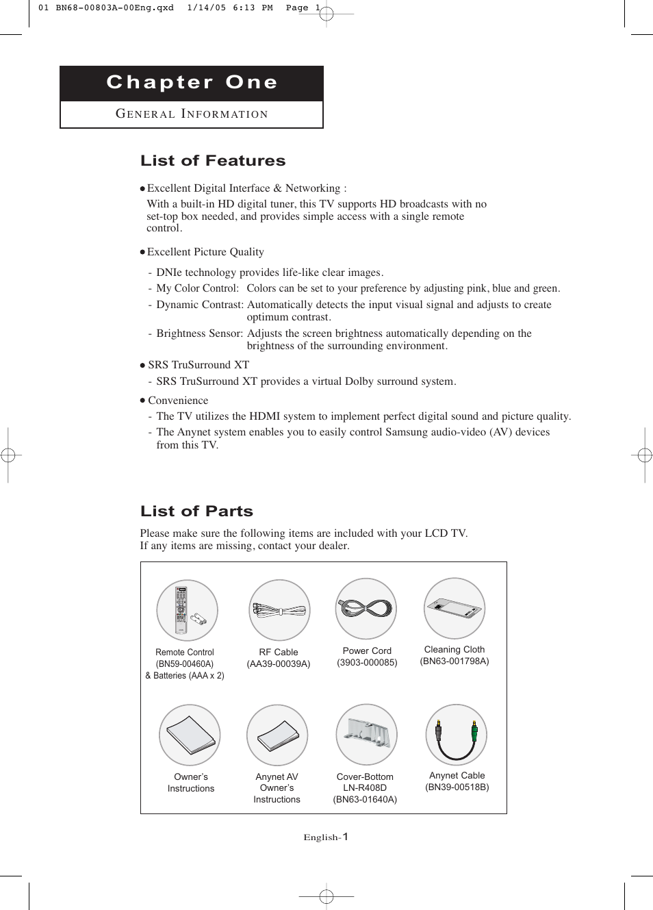 Chapter 1: general information, List of features, List of parts | Samsung LNR408DX-XAA User Manual | Page 7 / 120