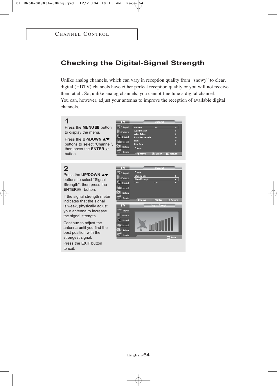 Checking the digital-signal strength | Samsung LNR408DX-XAA User Manual | Page 70 / 120