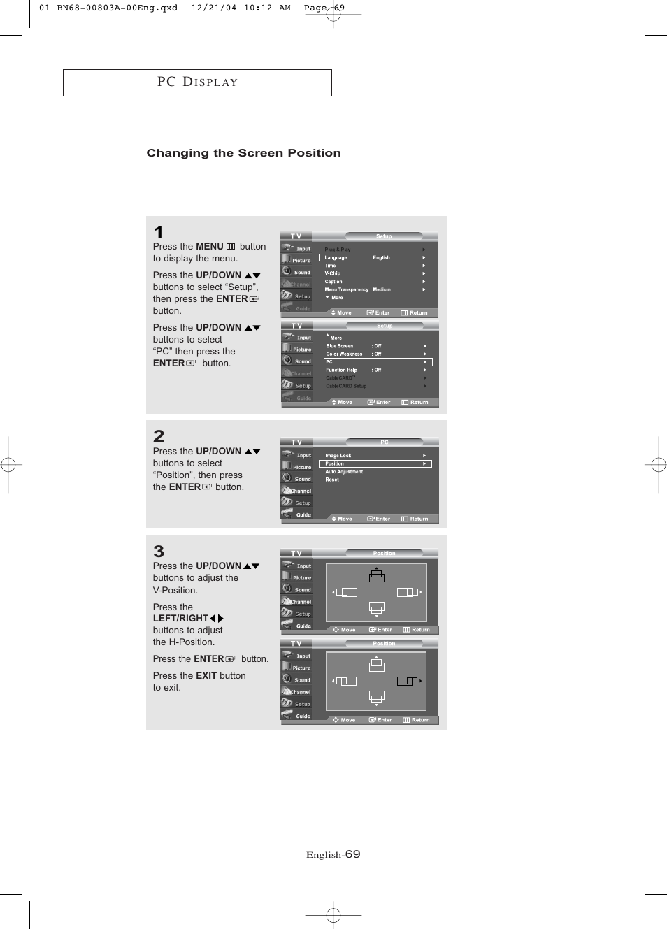 Changing the screen position, P c d | Samsung LNR408DX-XAA User Manual | Page 75 / 120
