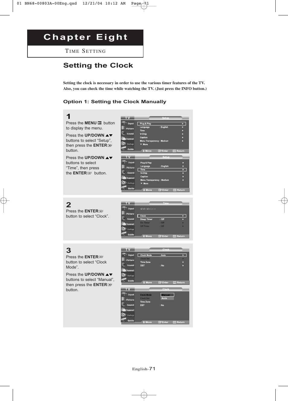 Chapter 8: time setting, Setting the clock, Option 1:setting the clock manually | Samsung LNR408DX-XAA User Manual | Page 77 / 120