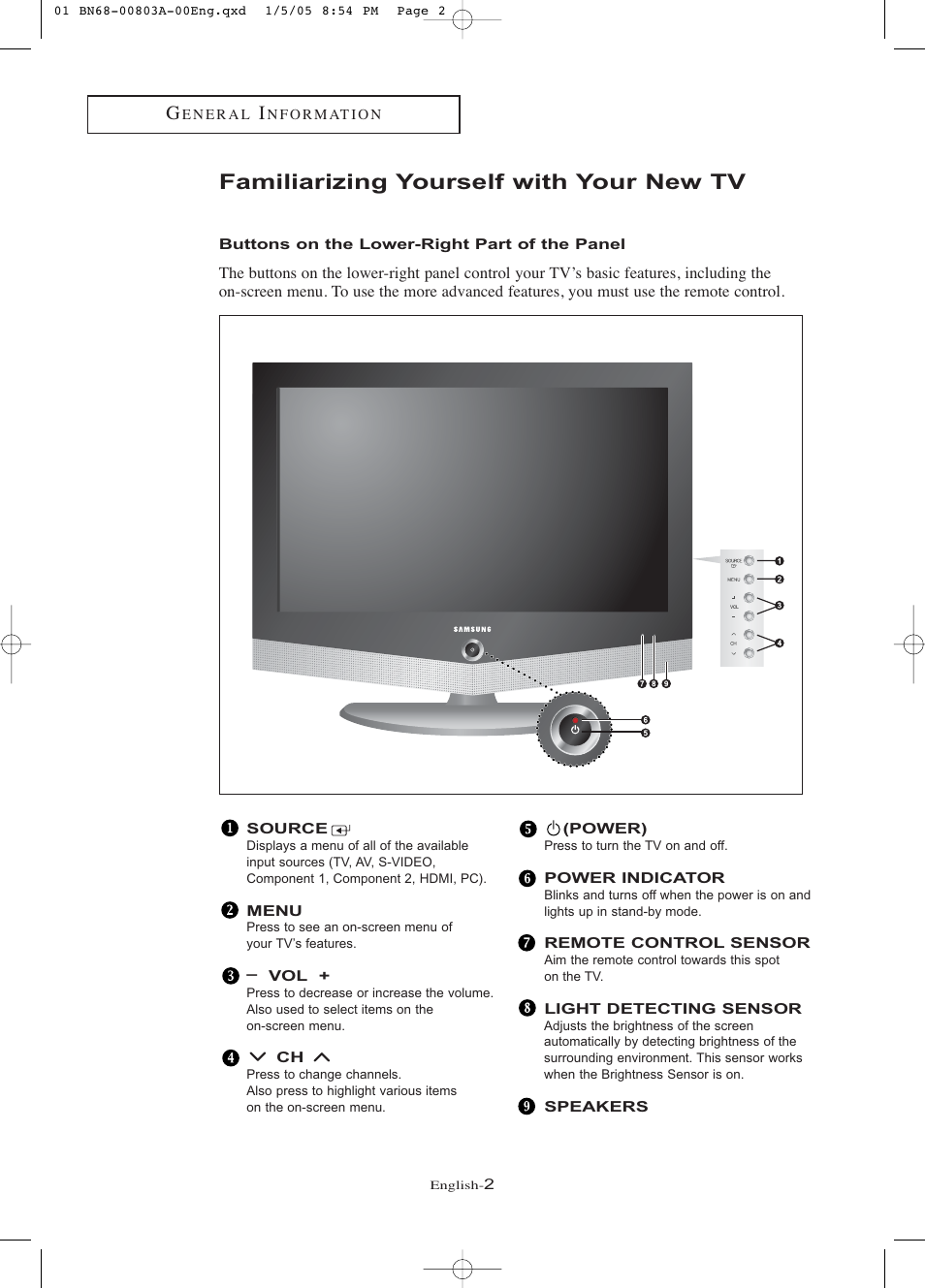 Familiarizing yourself with your new tv, Buttons on the lower-right part of the panel | Samsung LNR408DX-XAA User Manual | Page 8 / 120