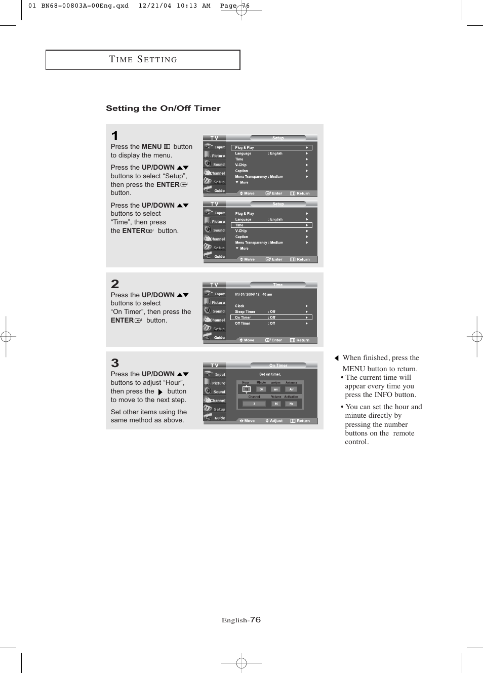 Setting the on/off timer | Samsung LNR408DX-XAA User Manual | Page 82 / 120