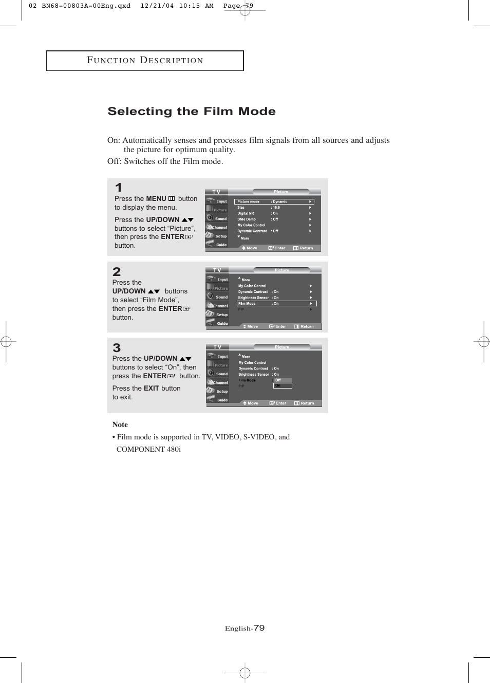Selecting the film mode | Samsung LNR408DX-XAA User Manual | Page 85 / 120
