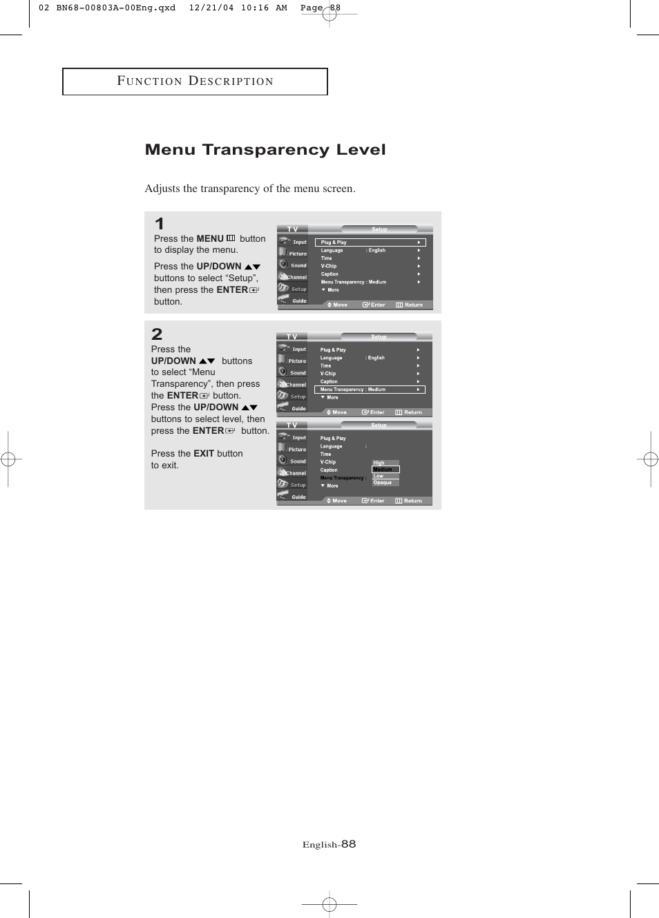 Menu transparency level | Samsung LNR408DX-XAA User Manual | Page 94 / 120