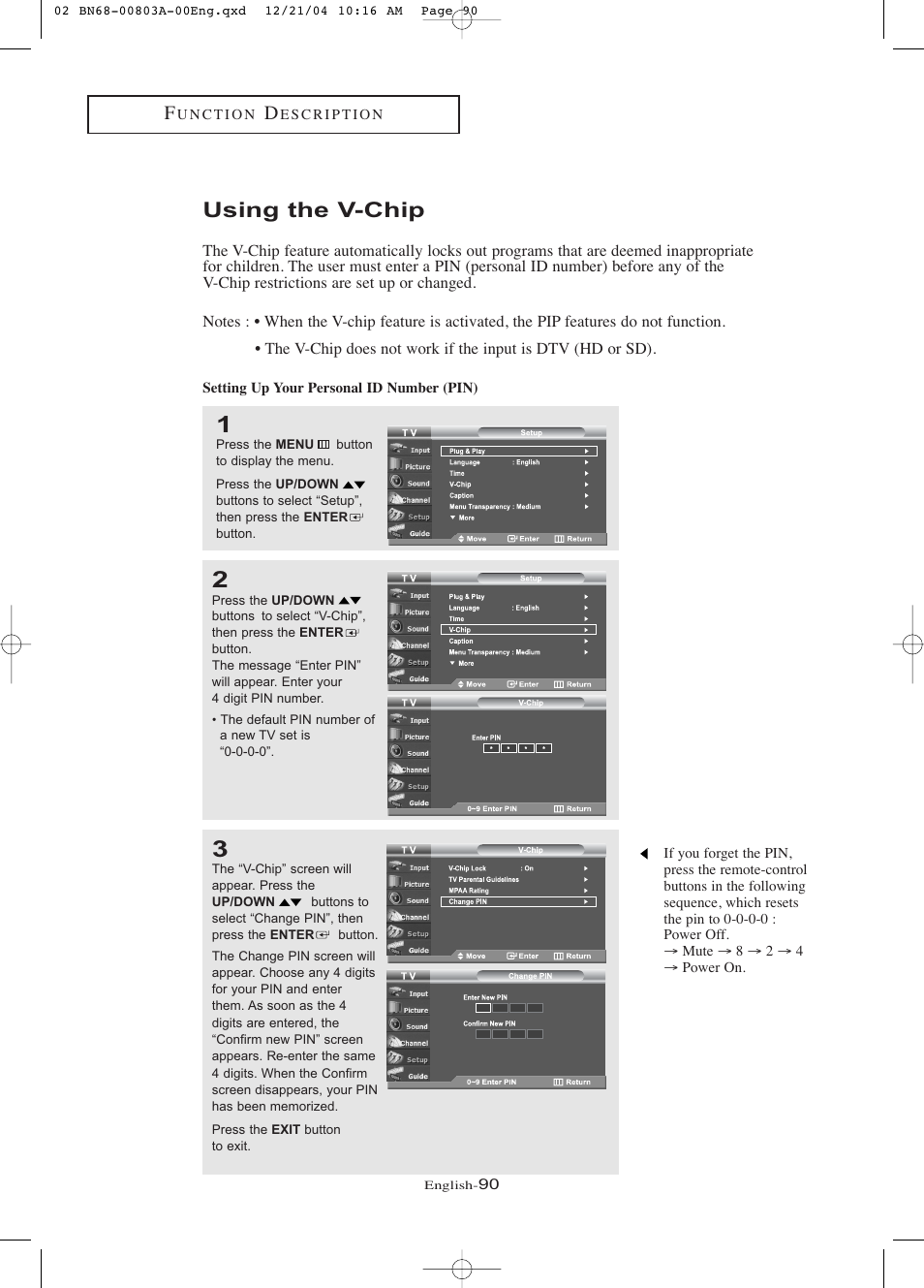 Using the v-chip, Setting up your personal id number(pin) | Samsung LNR408DX-XAA User Manual | Page 96 / 120