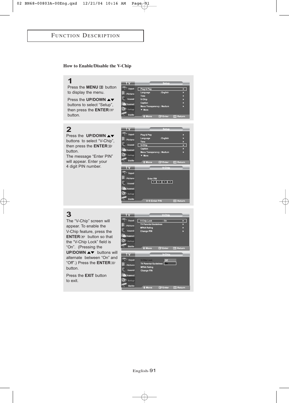 How to enable/disable the v-chip | Samsung LNR408DX-XAA User Manual | Page 97 / 120