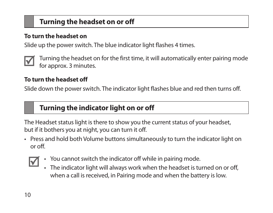 Turning the headset on or off, Turning the indicator light on or off | Samsung BHM1300NBACSTA User Manual | Page 12 / 63