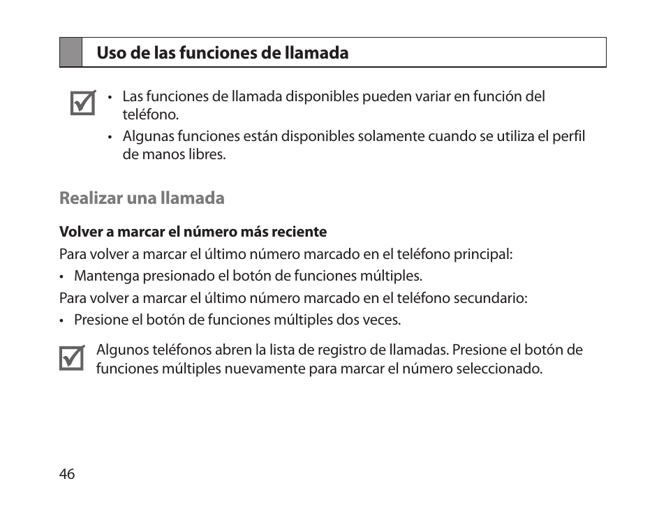 Uso de las funciones de llamada | Samsung BHM1300NBACSTA User Manual | Page 48 / 63