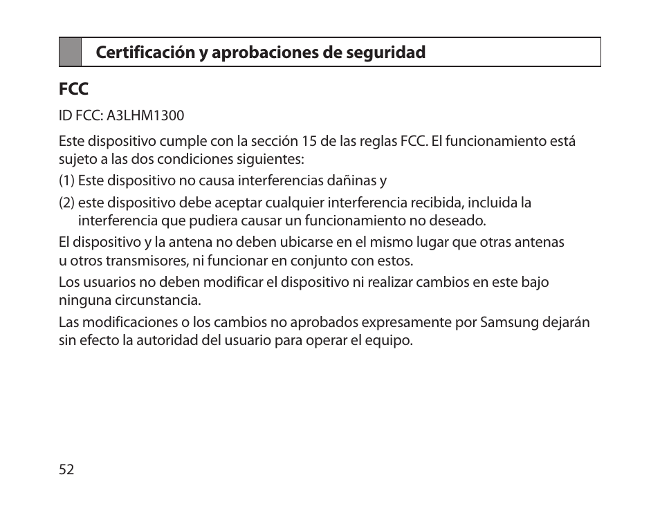 Certificación y aprobaciones de seguridad | Samsung BHM1300NBACSTA User Manual | Page 54 / 63