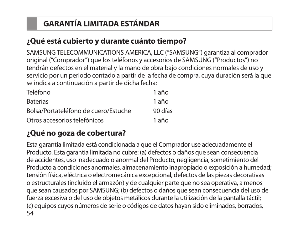 Garantía limitada estándar, Qué no goza de cobertura | Samsung BHM1300NBACSTA User Manual | Page 56 / 63