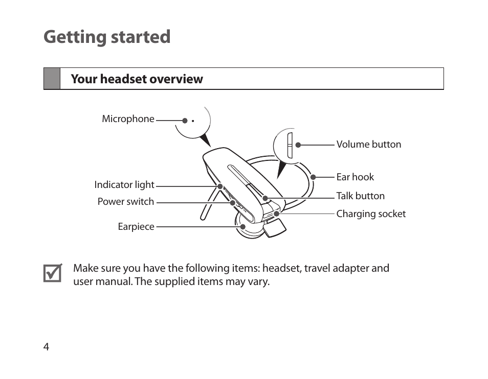 Getting started, Your headset overview | Samsung BHM1300NBACSTA User Manual | Page 6 / 63