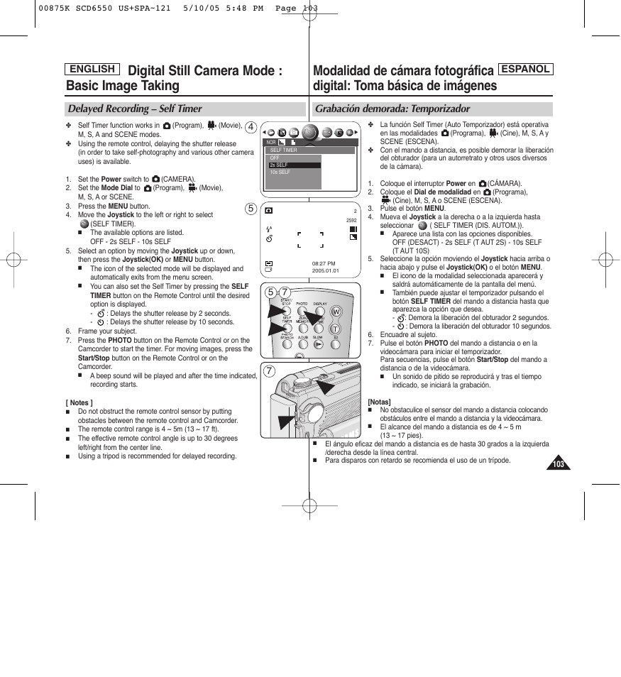 Grabación demorada: temporizador, Delayed recording – self timer, English | English español | Samsung SC-D6550-XAA User Manual | Page 103 / 154