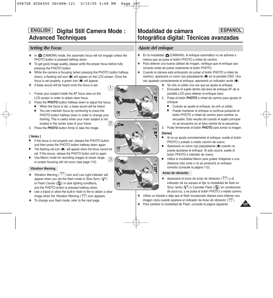 Setting the focus, Ajuste del enfoque, English | English español | Samsung SC-D6550-XAA User Manual | Page 107 / 154