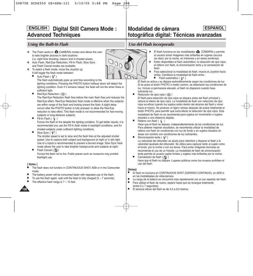 Using the built-in flash, Uso del flash incorporado, English español | Samsung SC-D6550-XAA User Manual | Page 108 / 154