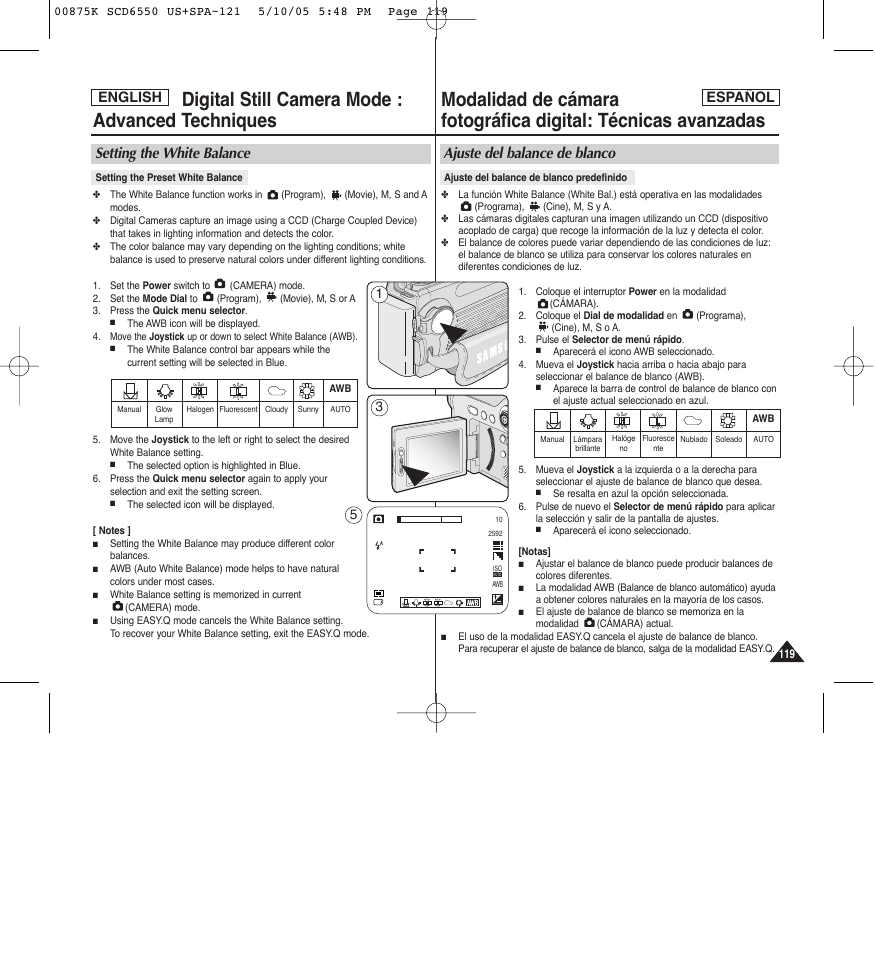 Ajuste del balance de blanco, Setting the white balance, English | English español | Samsung SC-D6550-XAA User Manual | Page 119 / 154