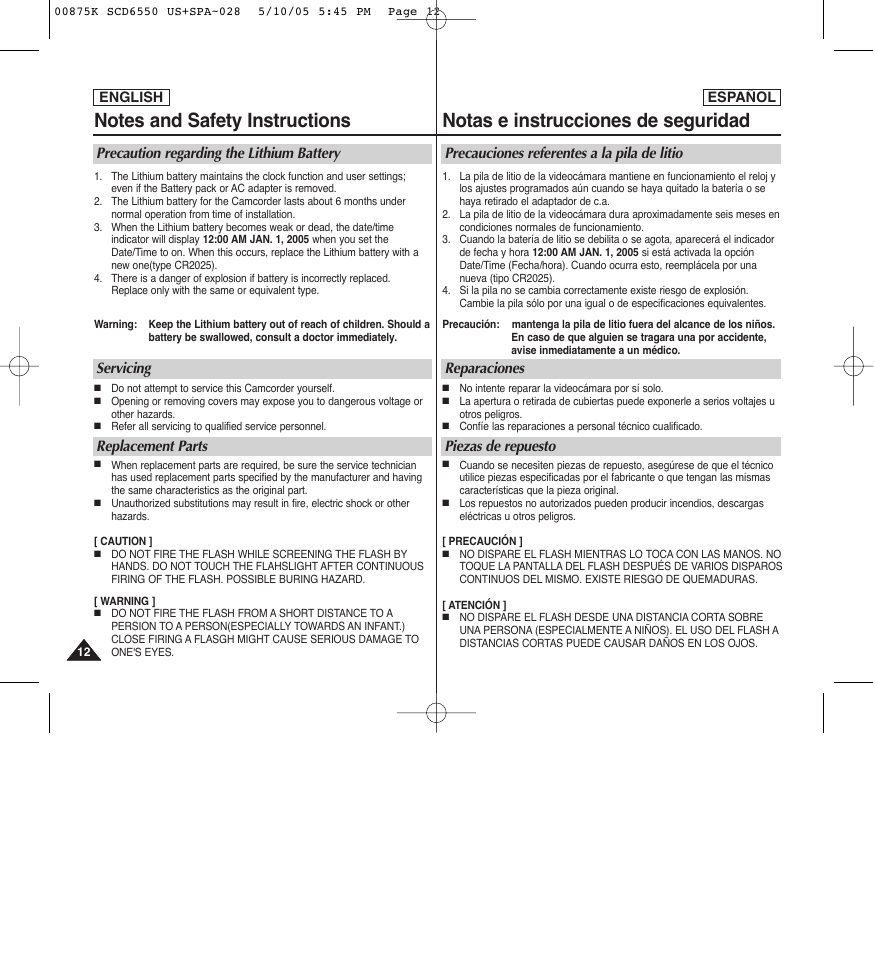 Precaution regarding the lithium battery, Reparaciones piezas de repuesto | Samsung SC-D6550-XAA User Manual | Page 12 / 154