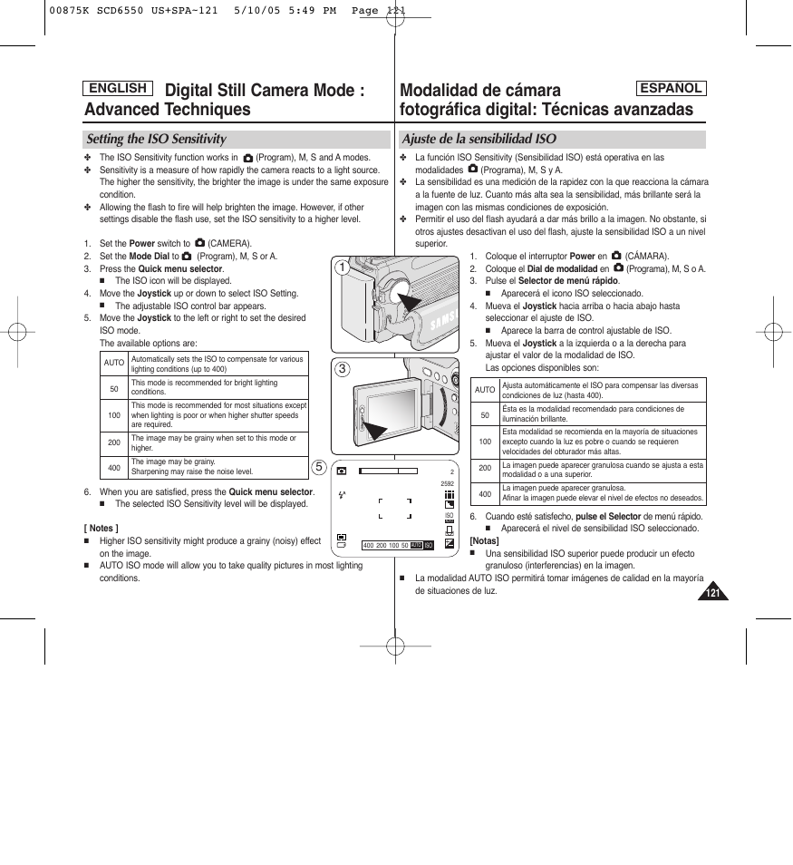 Ajuste de la sensibilidad iso, Setting the iso sensitivity, English | English español | Samsung SC-D6550-XAA User Manual | Page 121 / 154