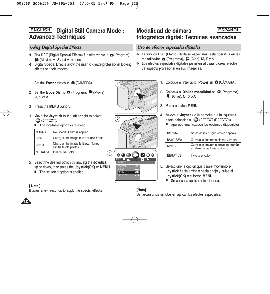 Using digital special effects, Uso de efectos especiales digitales | Samsung SC-D6550-XAA User Manual | Page 122 / 154