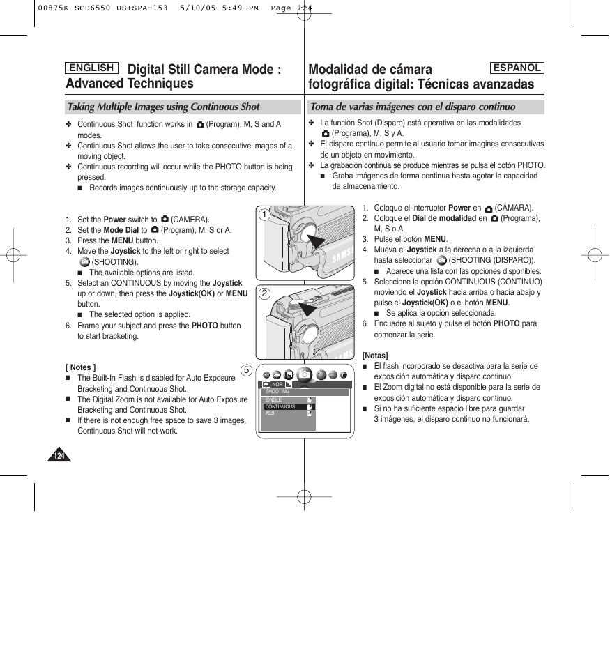 Taking multiple images using continuous shot, Toma de varias imágenes con el disparo continuo | Samsung SC-D6550-XAA User Manual | Page 124 / 154