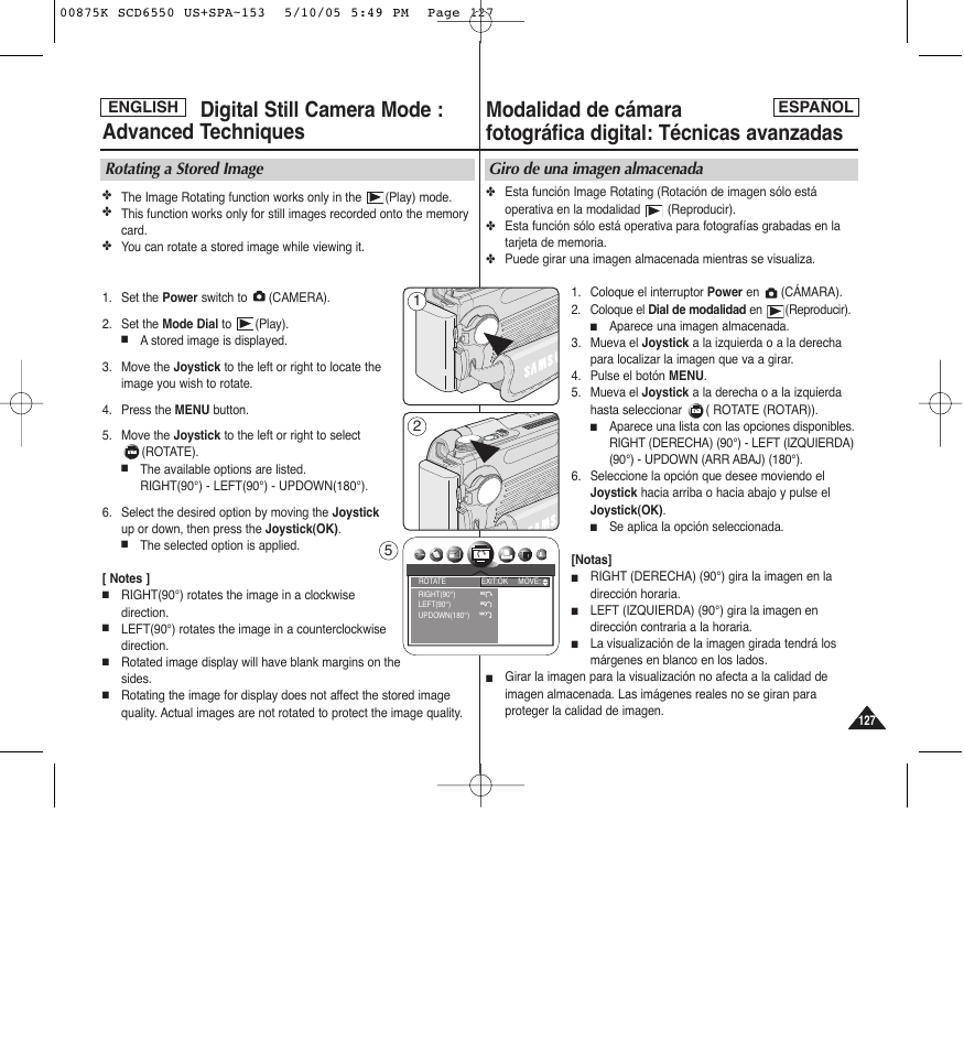 Rotating a stored image, Giro de una imagen almacenada | Samsung SC-D6550-XAA User Manual | Page 127 / 154