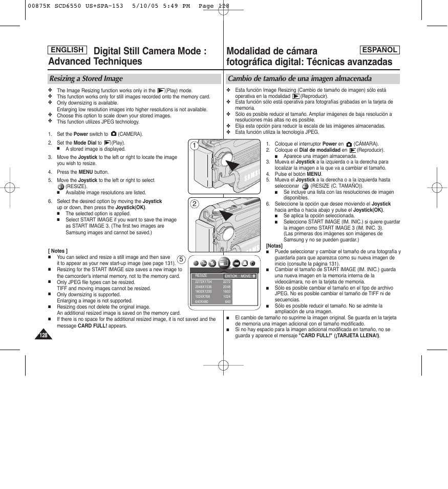 Resizing a stored image, Cambio de tamaño de una imagen almacenada, English español | Samsung SC-D6550-XAA User Manual | Page 128 / 154