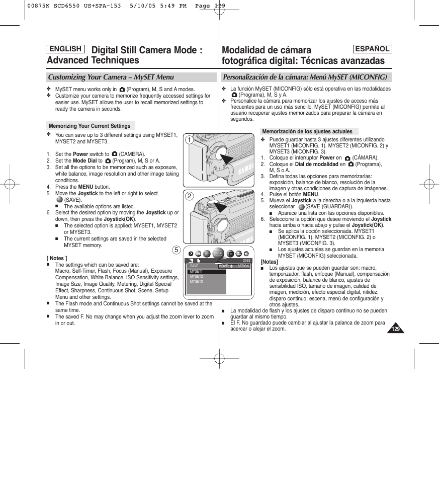 Customizing your camera – myset menu | Samsung SC-D6550-XAA User Manual | Page 129 / 154