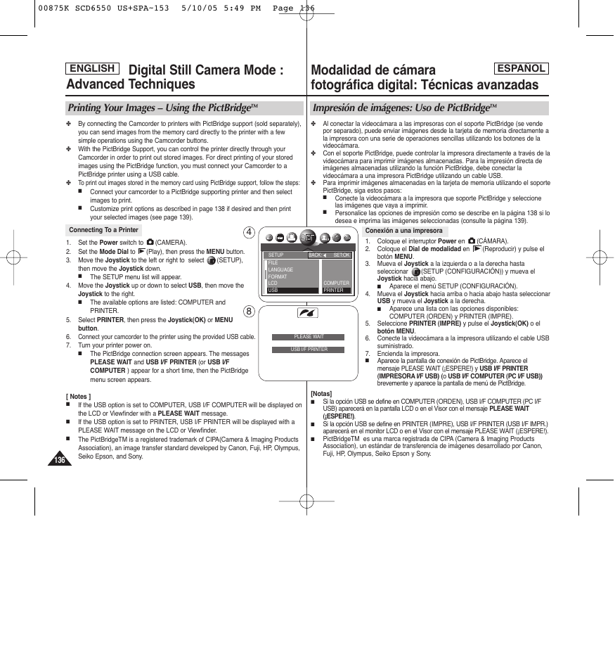 Impresión de imágenes: uso de pictbridge, Printing your images – using the pictbridge, English español | Samsung SC-D6550-XAA User Manual | Page 136 / 154