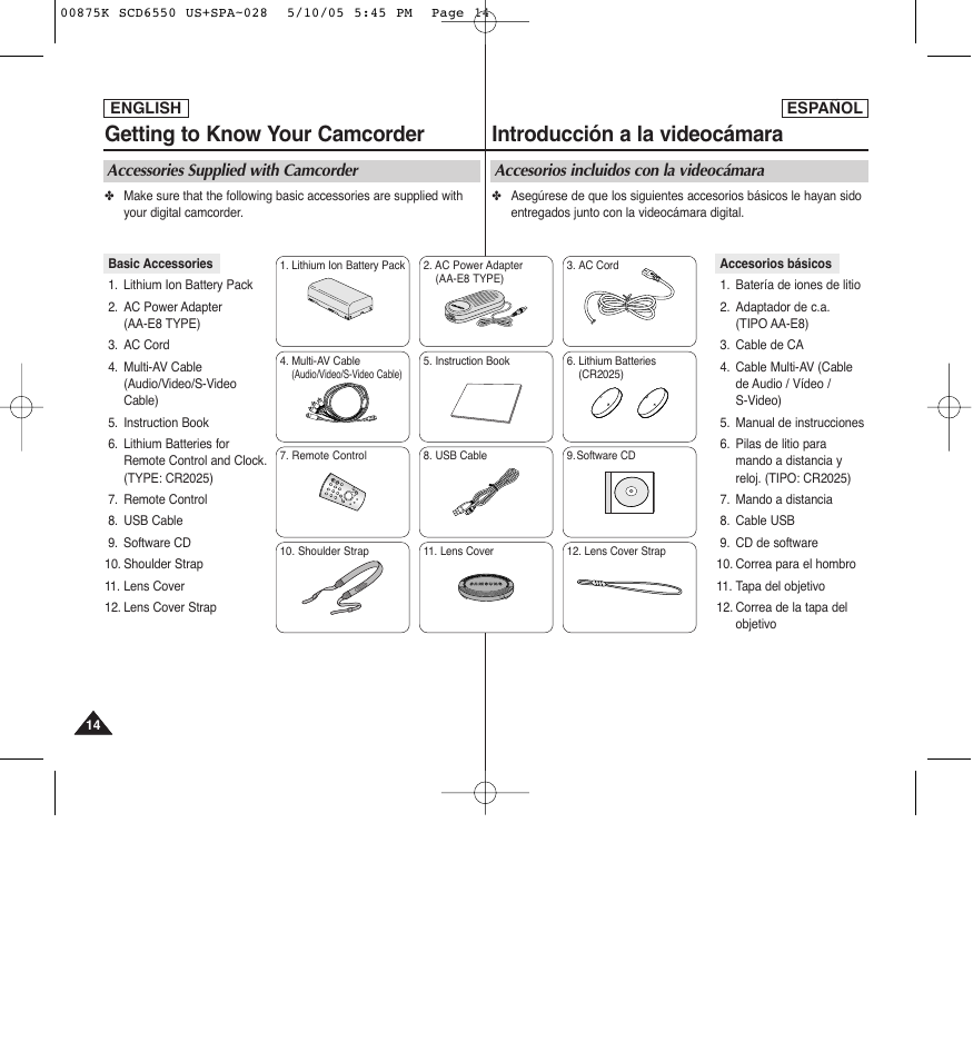 Getting to know your camcorder, Introducción a la videocámara | Samsung SC-D6550-XAA User Manual | Page 14 / 154