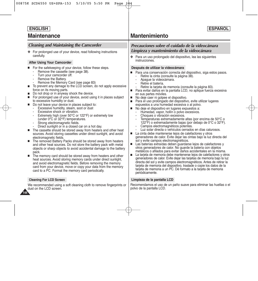 Maintenance, Mantenimiento, Cleaning and maintaining the camcorder | Samsung SC-D6550-XAA User Manual | Page 144 / 154