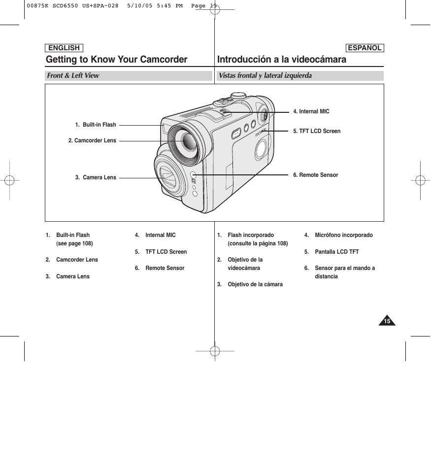 Getting to know your camcorder, Introducción a la videocámara | Samsung SC-D6550-XAA User Manual | Page 15 / 154