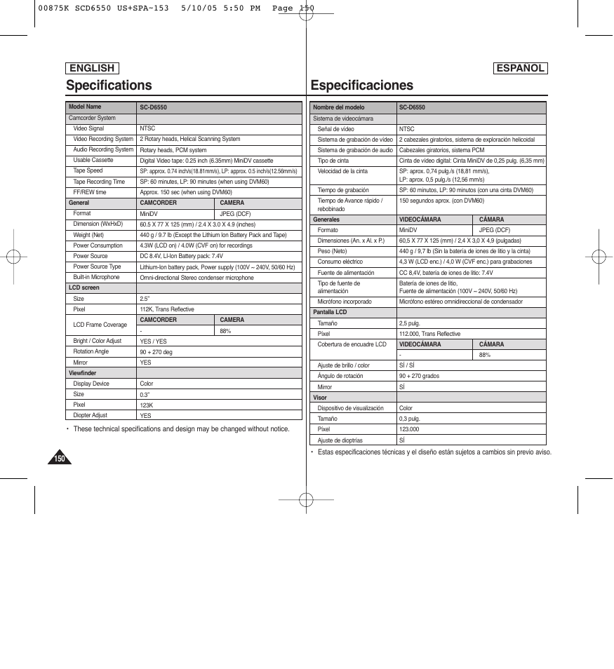 Specifications, Especificaciones, English español | Samsung SC-D6550-XAA User Manual | Page 150 / 154