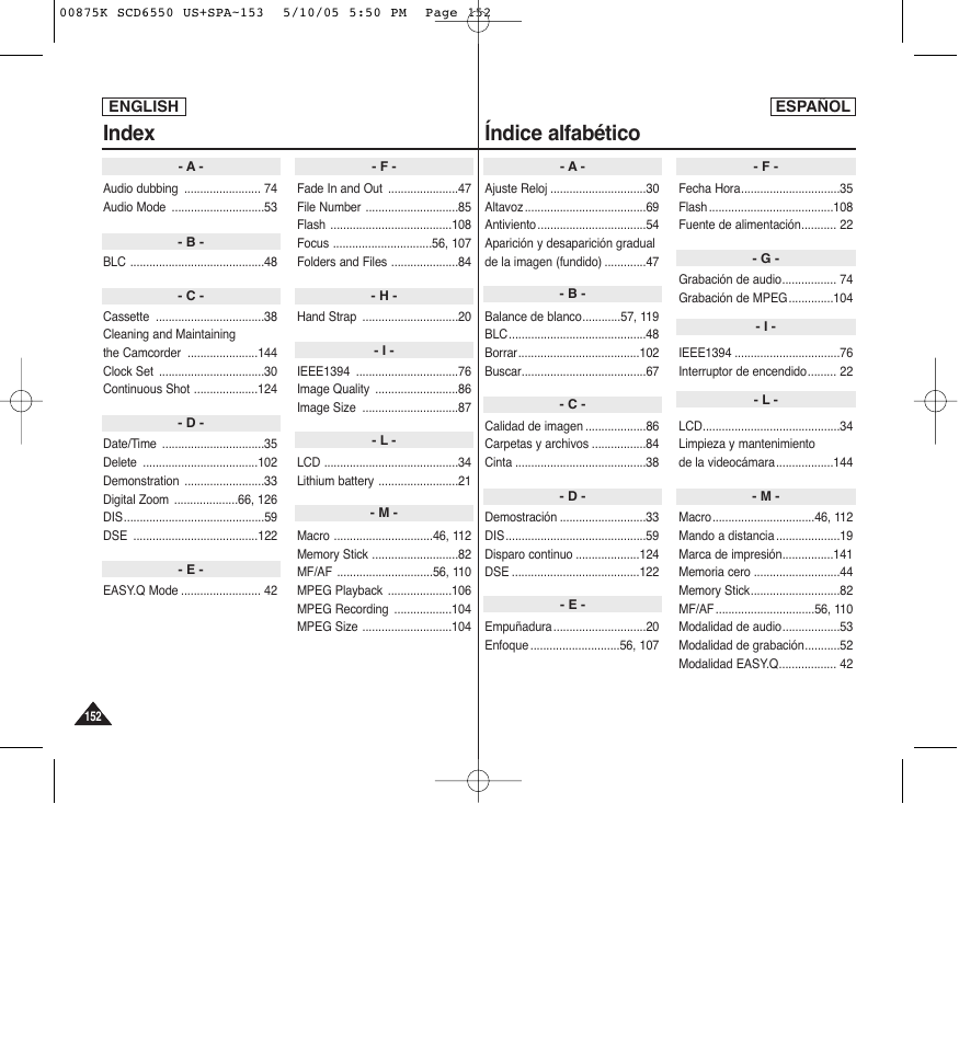 Index índice alfabético | Samsung SC-D6550-XAA User Manual | Page 152 / 154