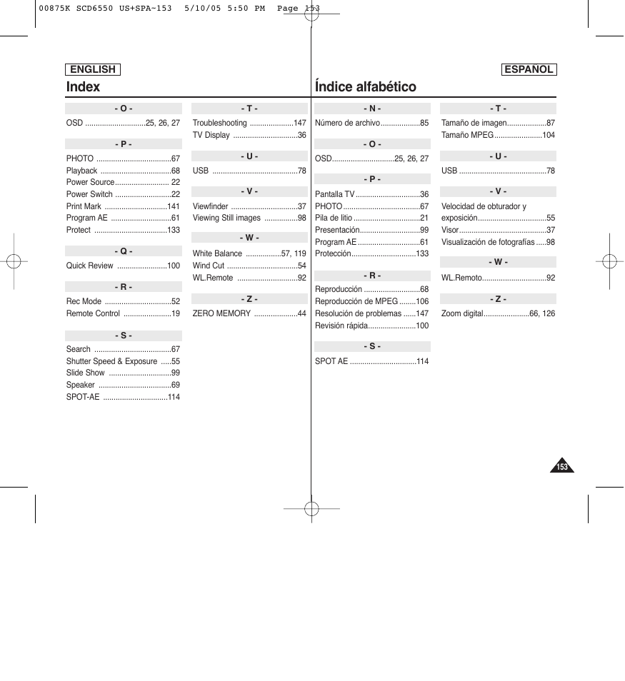 Index índice alfabético | Samsung SC-D6550-XAA User Manual | Page 153 / 154