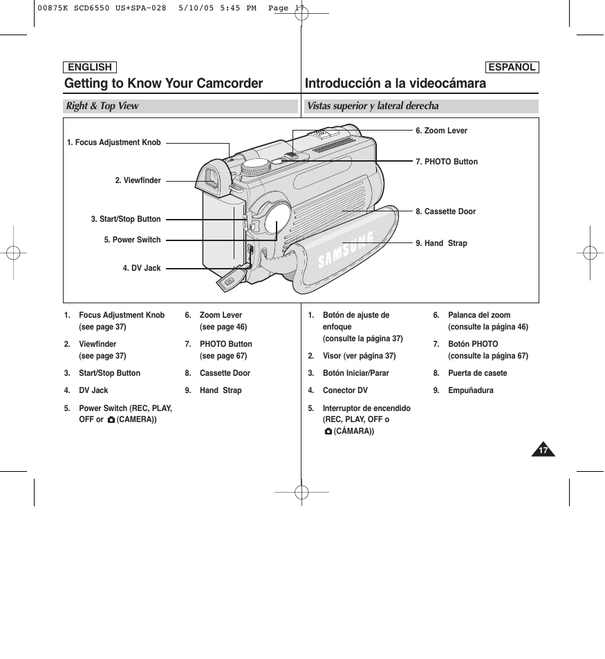 Getting to know your camcorder, Introducción a la videocámara | Samsung SC-D6550-XAA User Manual | Page 17 / 154