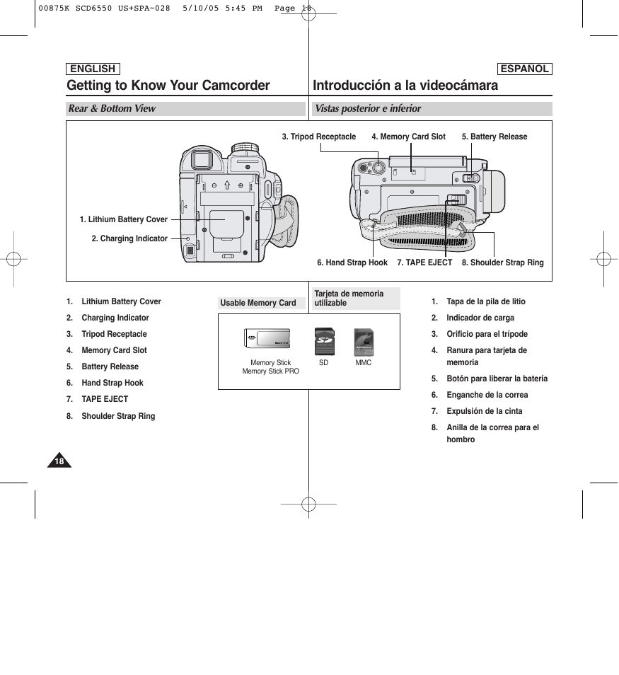 Getting to know your camcorder, Introducción a la videocámara | Samsung SC-D6550-XAA User Manual | Page 18 / 154