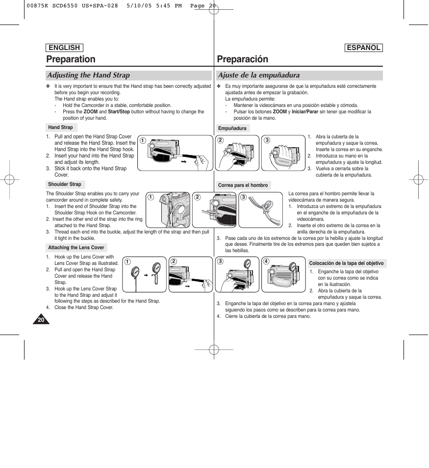 Preparation, Preparación, Adjusting the hand strap | Ajuste de la empuñadura | Samsung SC-D6550-XAA User Manual | Page 20 / 154