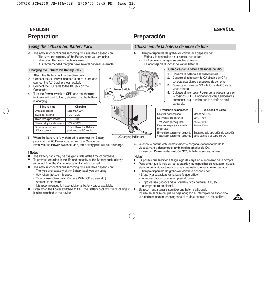 Preparation, Preparación, Using the lithium ion battery pack | Utilización de la batería de iones de litio, English, English español | Samsung SC-D6550-XAA User Manual | Page 23 / 154