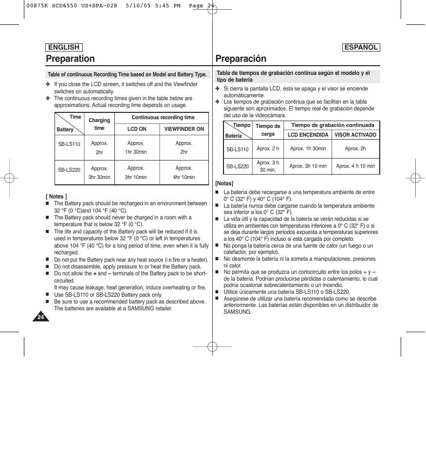 Preparation, Preparación | Samsung SC-D6550-XAA User Manual | Page 24 / 154