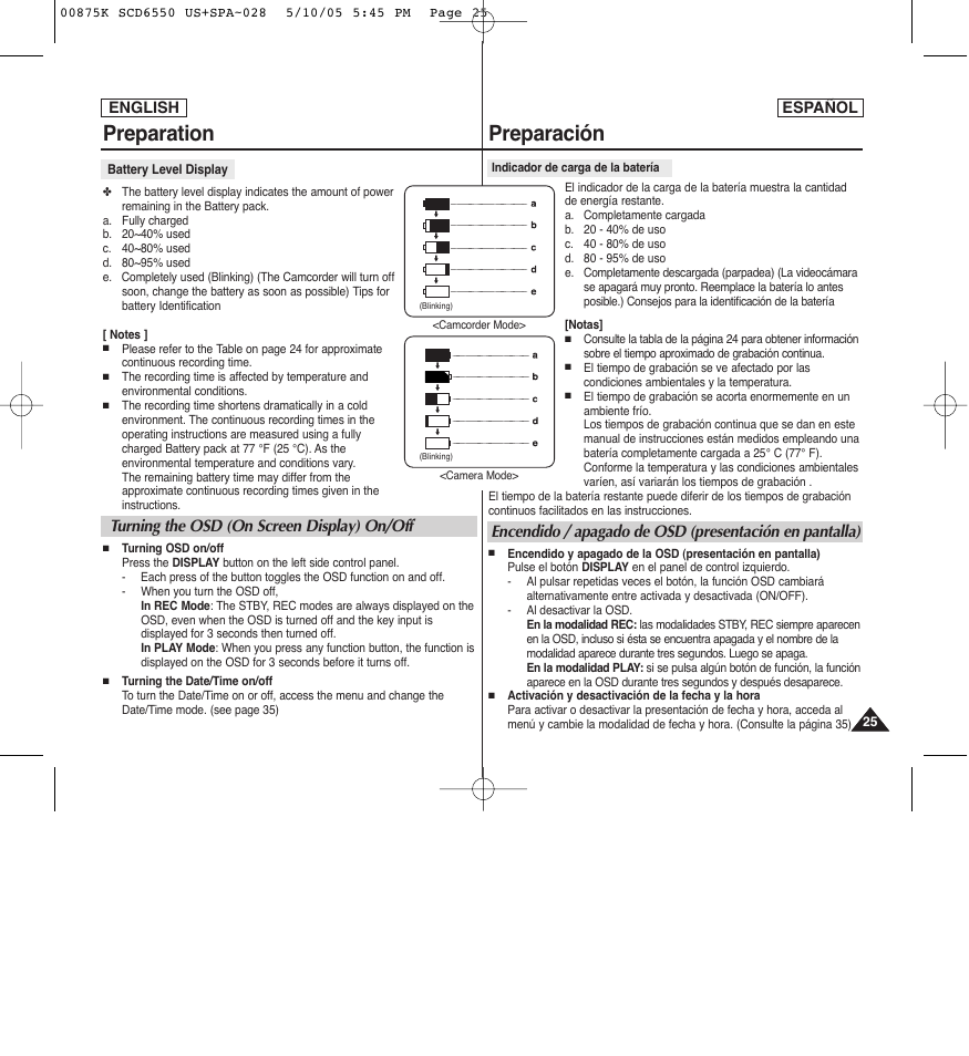 Preparation, Preparación, Turning the osd (on screen display) on/off | Samsung SC-D6550-XAA User Manual | Page 25 / 154