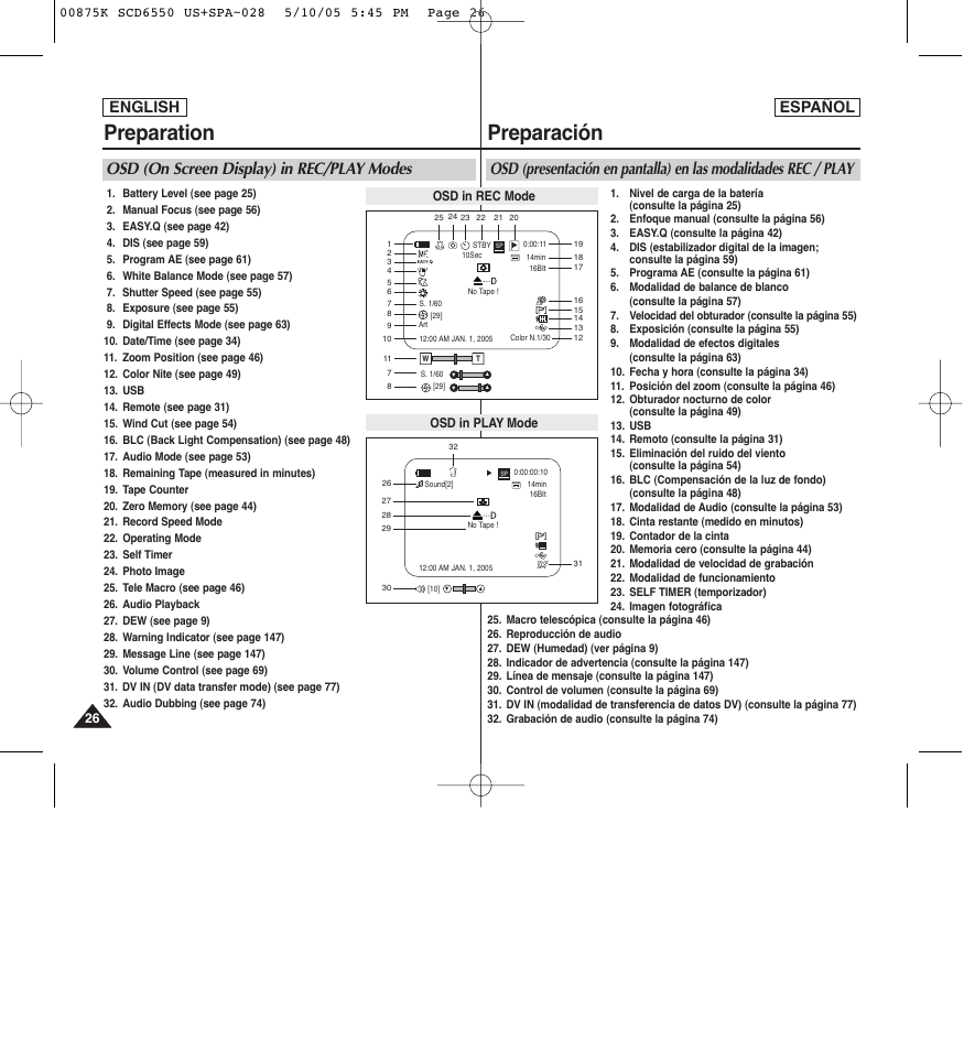 Preparation, Preparación, Osd (on screen display) in rec/play modes | English español | Samsung SC-D6550-XAA User Manual | Page 26 / 154