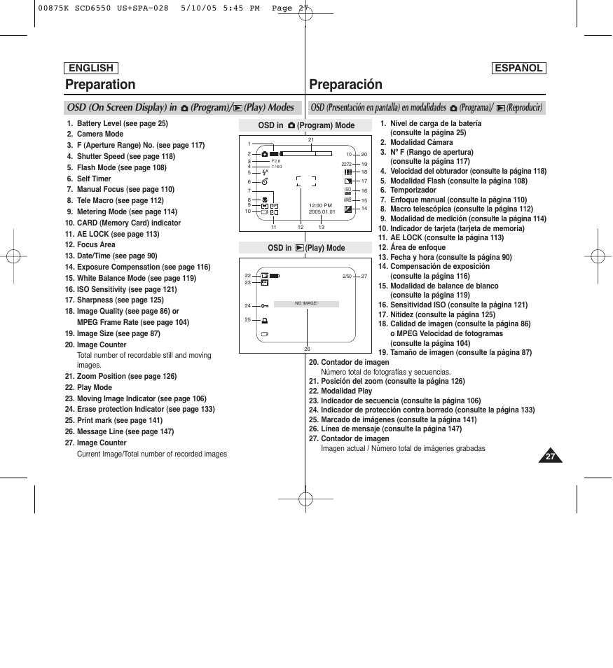 Preparation, Preparación, Osd (on screen display) in (program)/ (play) modes | English, English español | Samsung SC-D6550-XAA User Manual | Page 27 / 154