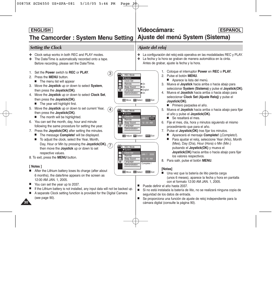 The camcorder : system menu setting, Videocámara: ajuste del menú system (sistema), Setting the clock | Ajuste del reloj, English español | Samsung SC-D6550-XAA User Manual | Page 30 / 154