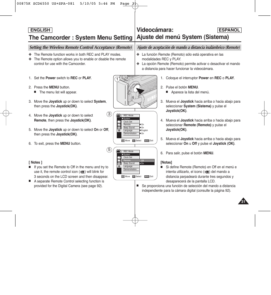 The camcorder : system menu setting, Videocámara: ajuste del menú system (sistema) | Samsung SC-D6550-XAA User Manual | Page 31 / 154