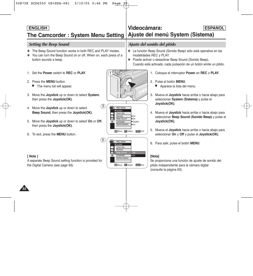 The camcorder : system menu setting, Videocámara: ajuste del menú system (sistema), Setting the beep sound | Ajuste del sonido del pitido, English español | Samsung SC-D6550-XAA User Manual | Page 32 / 154