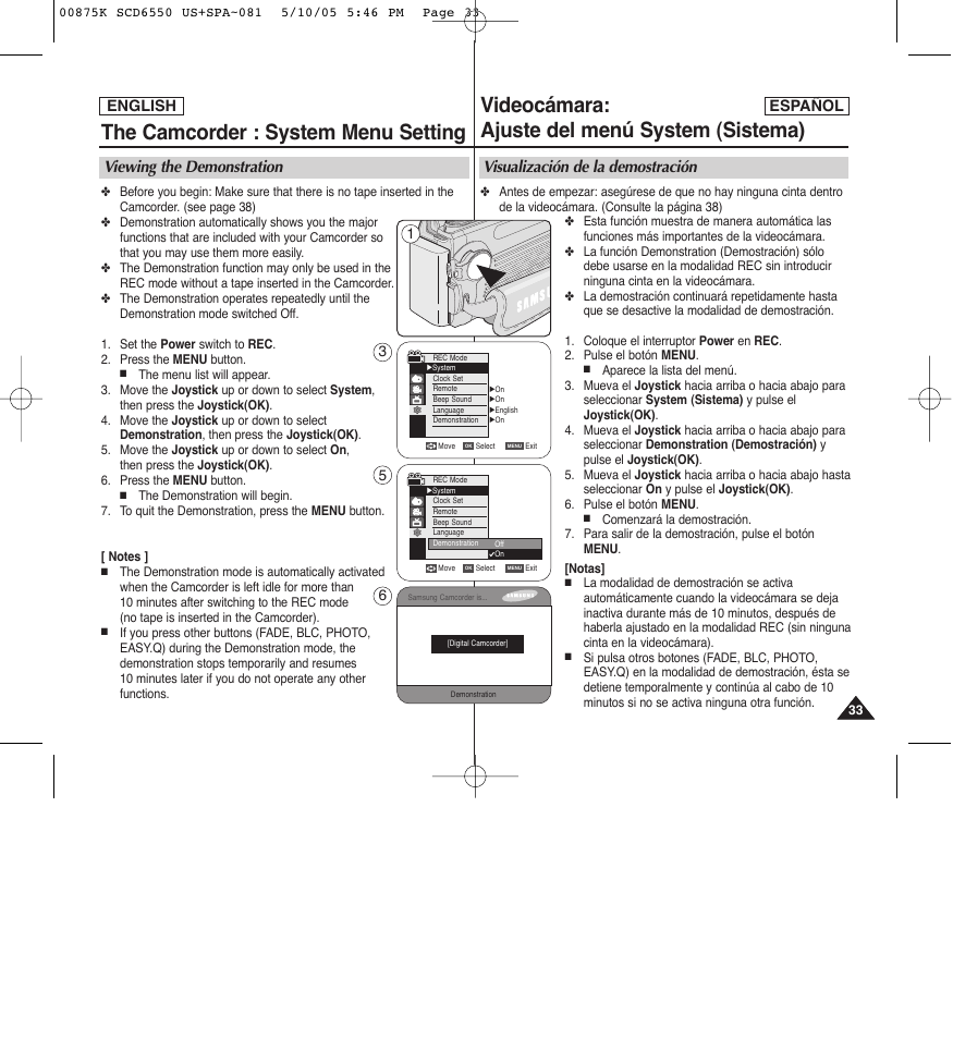 The camcorder : system menu setting, Videocámara: ajuste del menú system (sistema), Viewing the demonstration | Visualización de la demostración | Samsung SC-D6550-XAA User Manual | Page 33 / 154