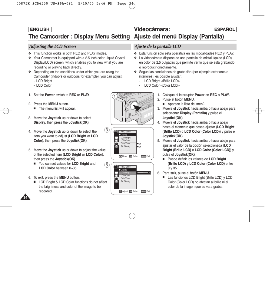 The camcorder : display menu setting, Videocámara: ajuste del menú display (pantalla), Adjusting the lcd screen | Ajuste de la pantalla lcd, English español | Samsung SC-D6550-XAA User Manual | Page 34 / 154