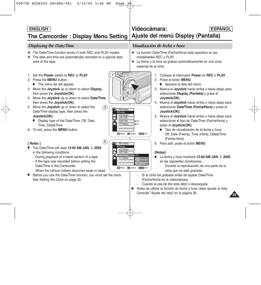 The camcorder : display menu setting, Videocámara: ajuste del menú display (pantalla), Displaying the date/time | Visualización de fecha y hora | Samsung SC-D6550-XAA User Manual | Page 35 / 154