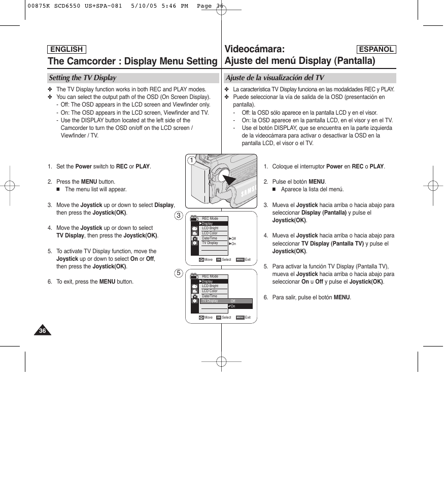 The camcorder : display menu setting, Videocámara: ajuste del menú display (pantalla), Setting the tv display | Ajuste de la visualización del tv | Samsung SC-D6550-XAA User Manual | Page 36 / 154